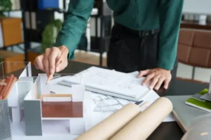 Frustrated builder receiving support from architectural design experts to meet project deadlines